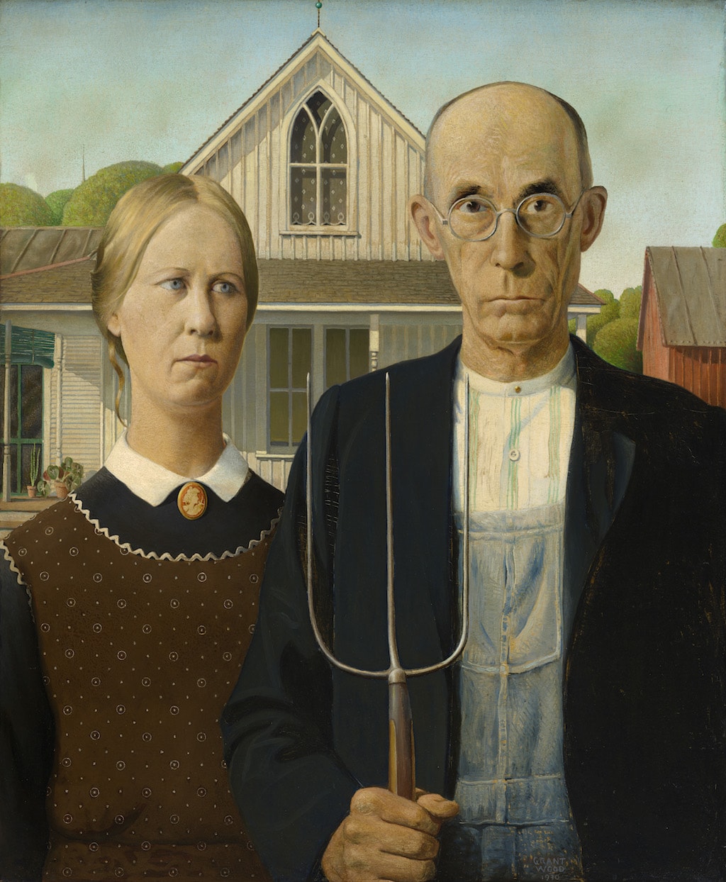 Grant Wood, <em>American Gothic</em>, 1930. © Figge Art Museum, successors to the Estate of Nan Wood Graham/Licensed by VAGA, New York, NY. Photograph courtesy of Art Institute of Chicago/Art Resource, NY