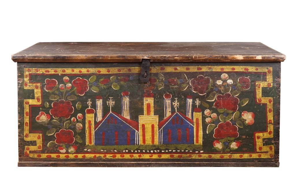 C19th Hungarian wedding trunk with architectural motifs