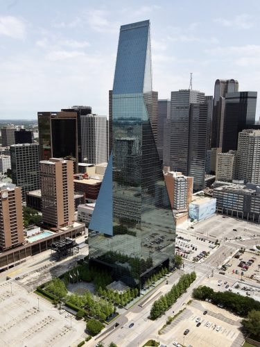 The Fountain Place building has a distinct rocket-like shape
