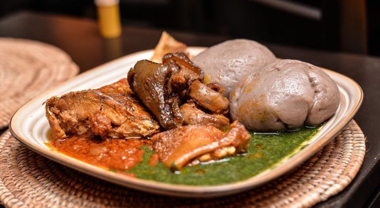 Amala ati ewedu with fish and goatmeat stew