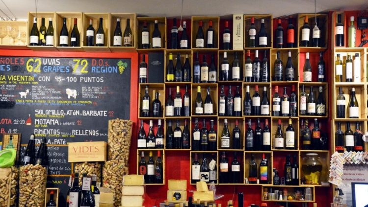 Wines on display at Vinoteca Vides
