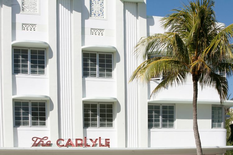 Hotel Carlyle, Ocean Drive, Miami. Art Deco buildings line Ocean Drive