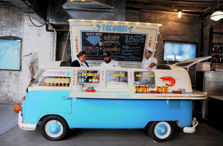 Converted VW Volkswagon camper van turned into a Mexican fast food stall in the Gansevoort Market New York