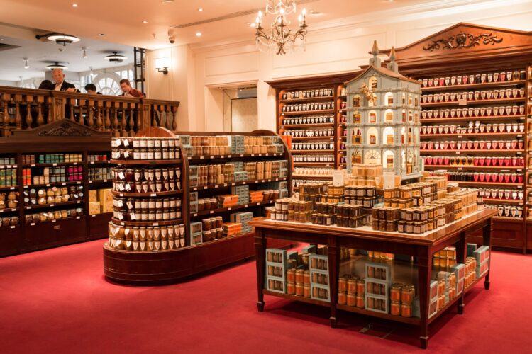 Interiors of Fortnum & Mason. Fortnum & Mason is an upmarket department store renowned for teas and wine in Piccadilly, London. It is one of London's