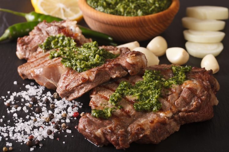 Grilled beef steak with chimichurri sauce