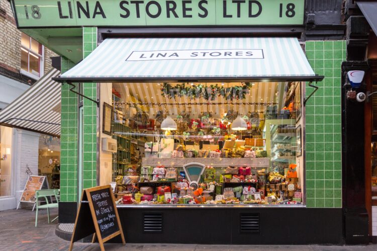 Lina Stores Ltd, old fashioned traditional deli shop and store with Italian delicatessen and food in Brewer Street, Soho, London
