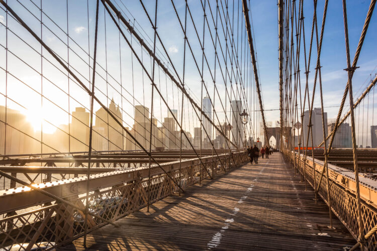 Brooklyn bridge at sunset, New York City.