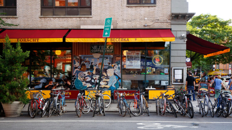 Veselka, 144 2nd Ave, New York, NY. exterior storefront of a polish diner, and sidewalk cafe in the East Village neighborhood of Manhattan.. Image shot 08/2018. Exact date unknown.