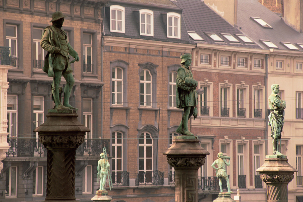 Belgium, Brussels, Place du Petit Sablon, a square in the Upper Town decorated with stone statues, each representing a medieval trade or craft.