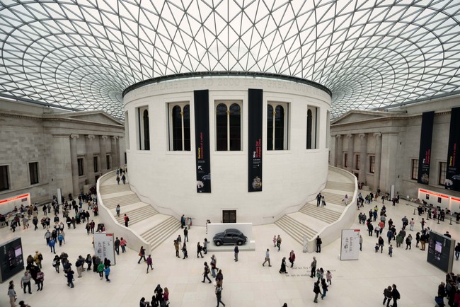 The distinctive Great Court at the British Museum in London. Designed by Foster and Partners, its formal name is the Queen Elizabeth II Great Court. It converted the Museum's inner courtyard into the largest covered public square in Europe. It encloses tw