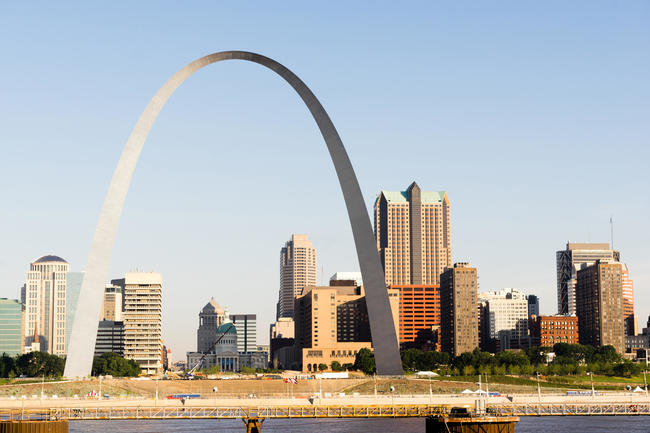 The Mississippi River waterfront and the Gateway Arch in St Louis Missourri