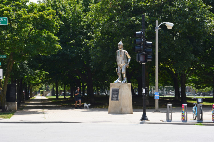 The Tin Man statue greets visitors at the corner of Webster and Lincoln Avenues at the entrance of Oz Park in Chicago's Lincoln Park neighborhood