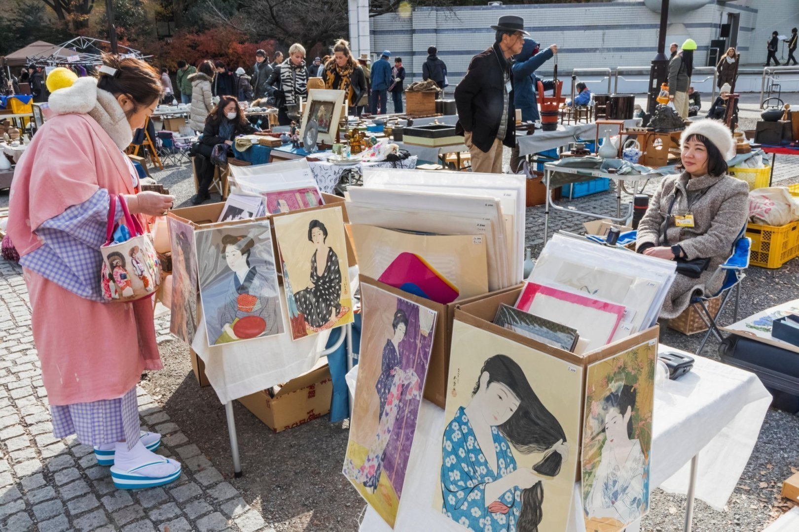 Japan, Honshu, Tokyo, Yoyogi Park, Oedo Antique Market, Lady Dressed in Kimono Shopping