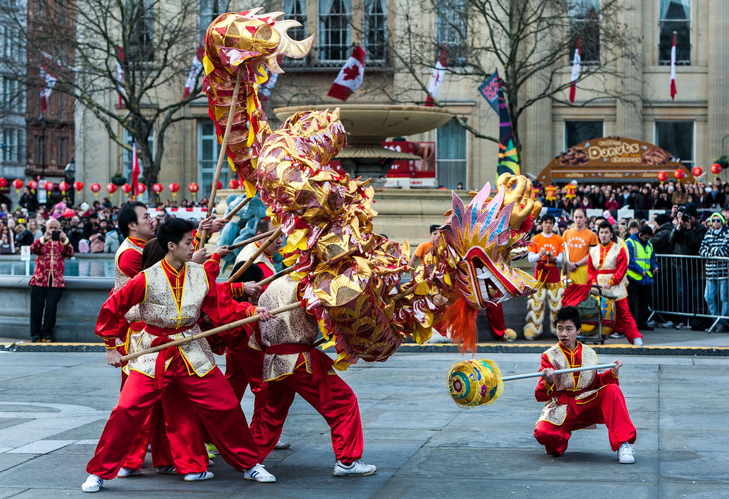 Dragon dancers perform in Trafalgar Square