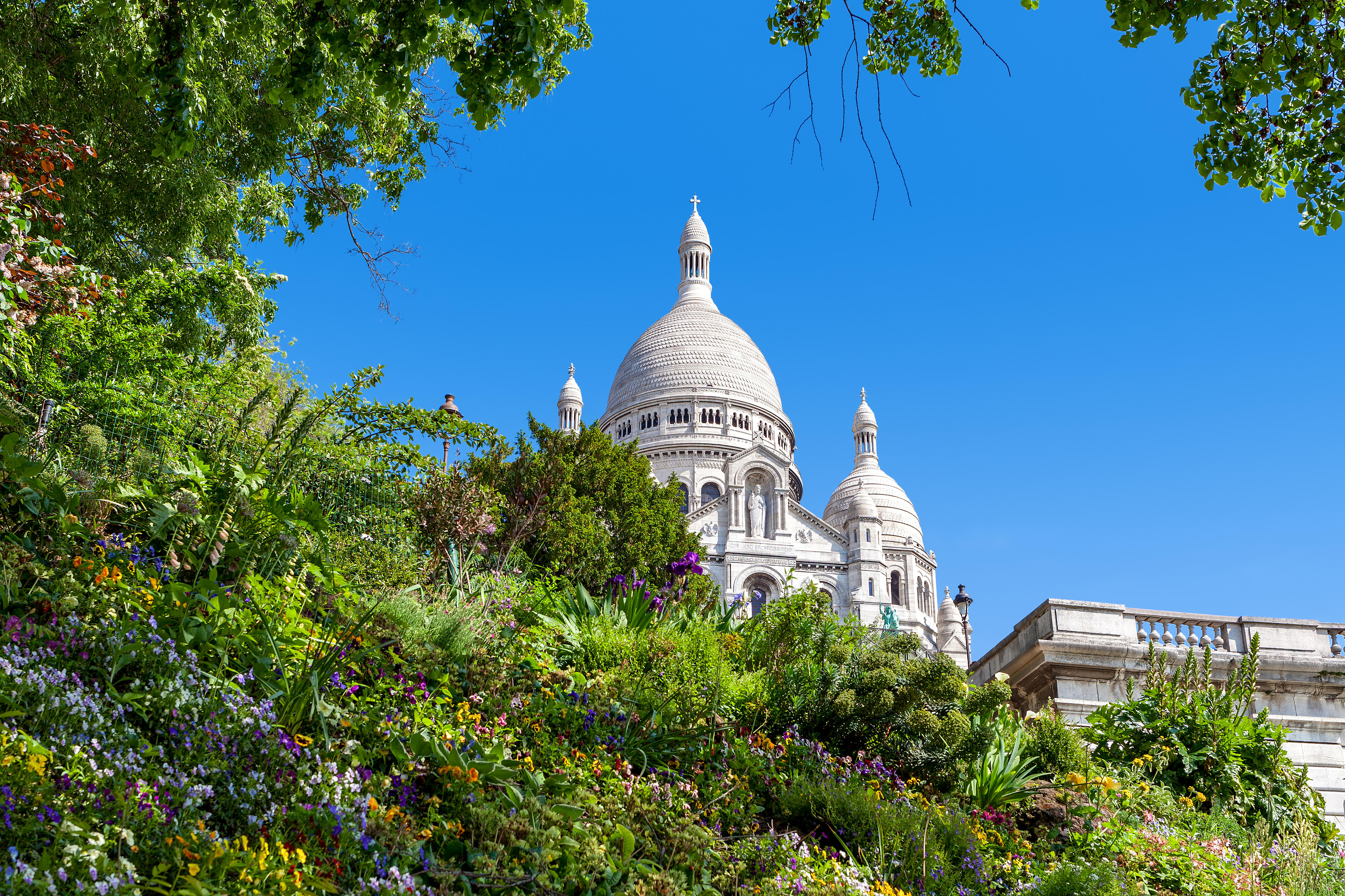 Green flowerbed with flowers as famous Sacre-Coeur Basilica on background under blue sky in Paris, France.