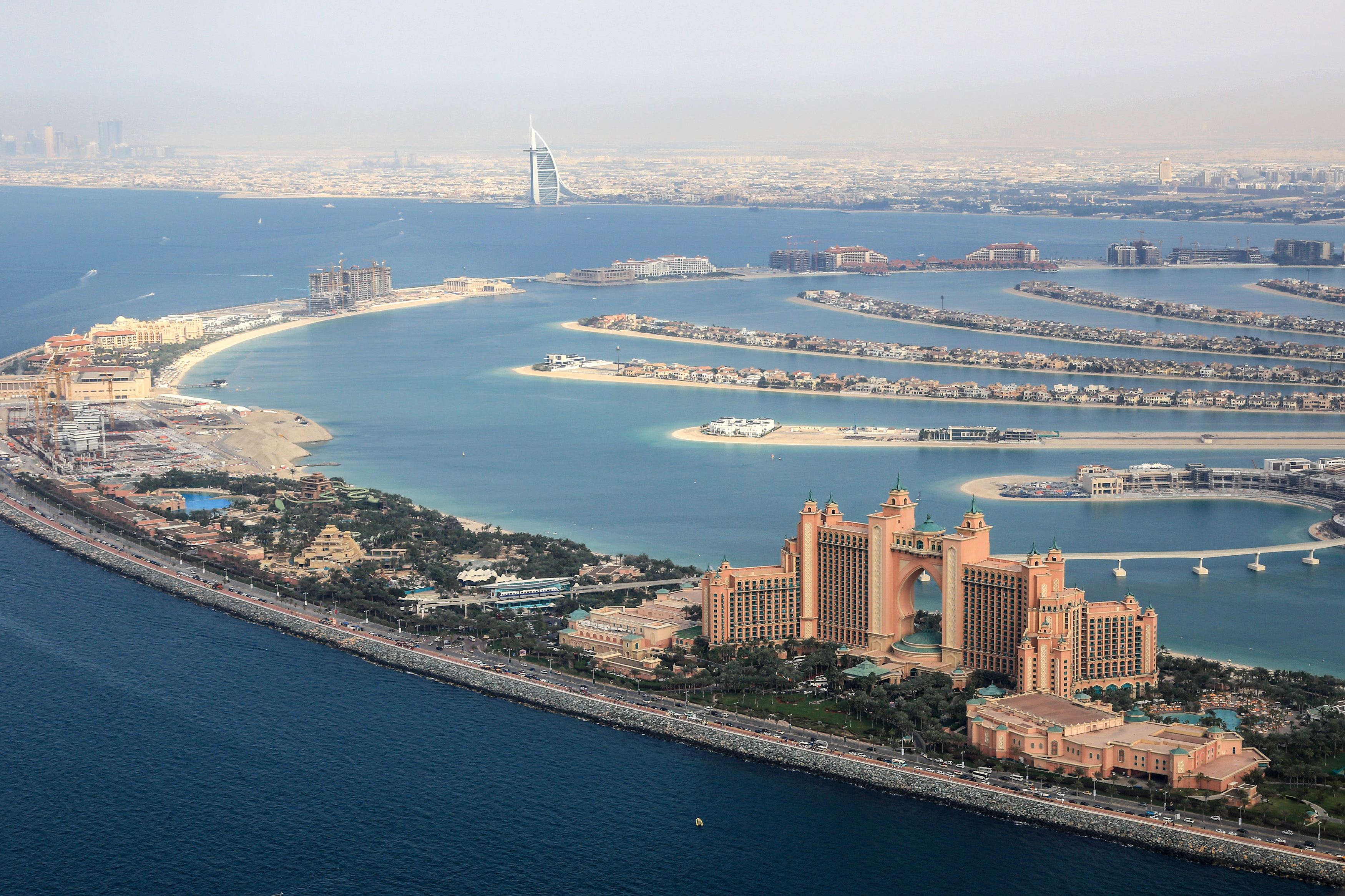 Dubai The Palm Island Atlantis Hotel Burj Al Arab aerial view photography UAE