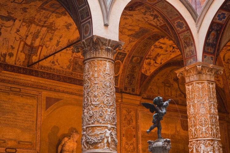 The courtyard of Palazzo Vecchio and the fountain of Putto with Dolphin by the artist Verrocchio.