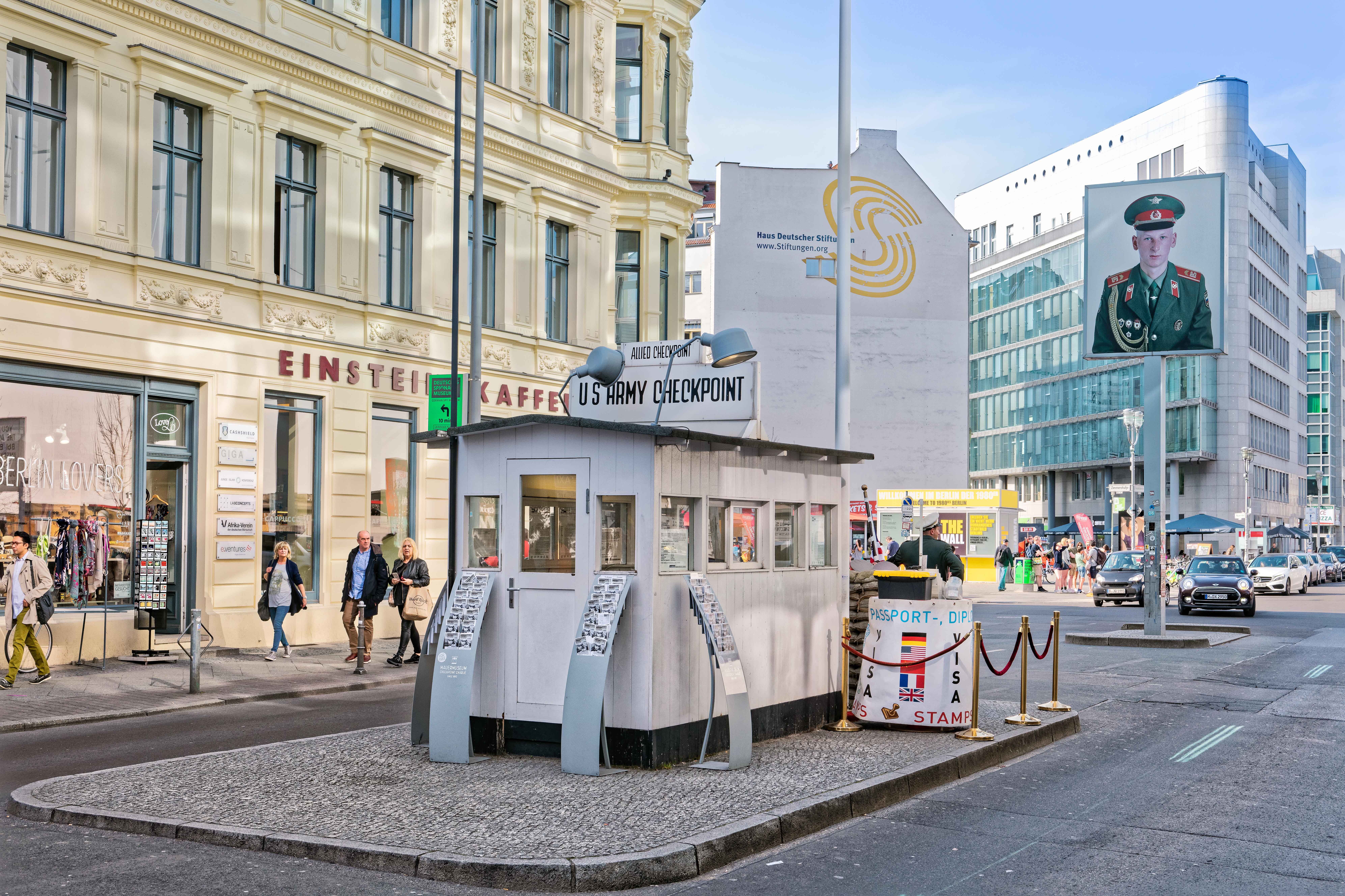 During the 'Cold War' Checkpoint Charlie used to be one of the most famous border crossings in the world. Nowadays it is a major tourist attraction in