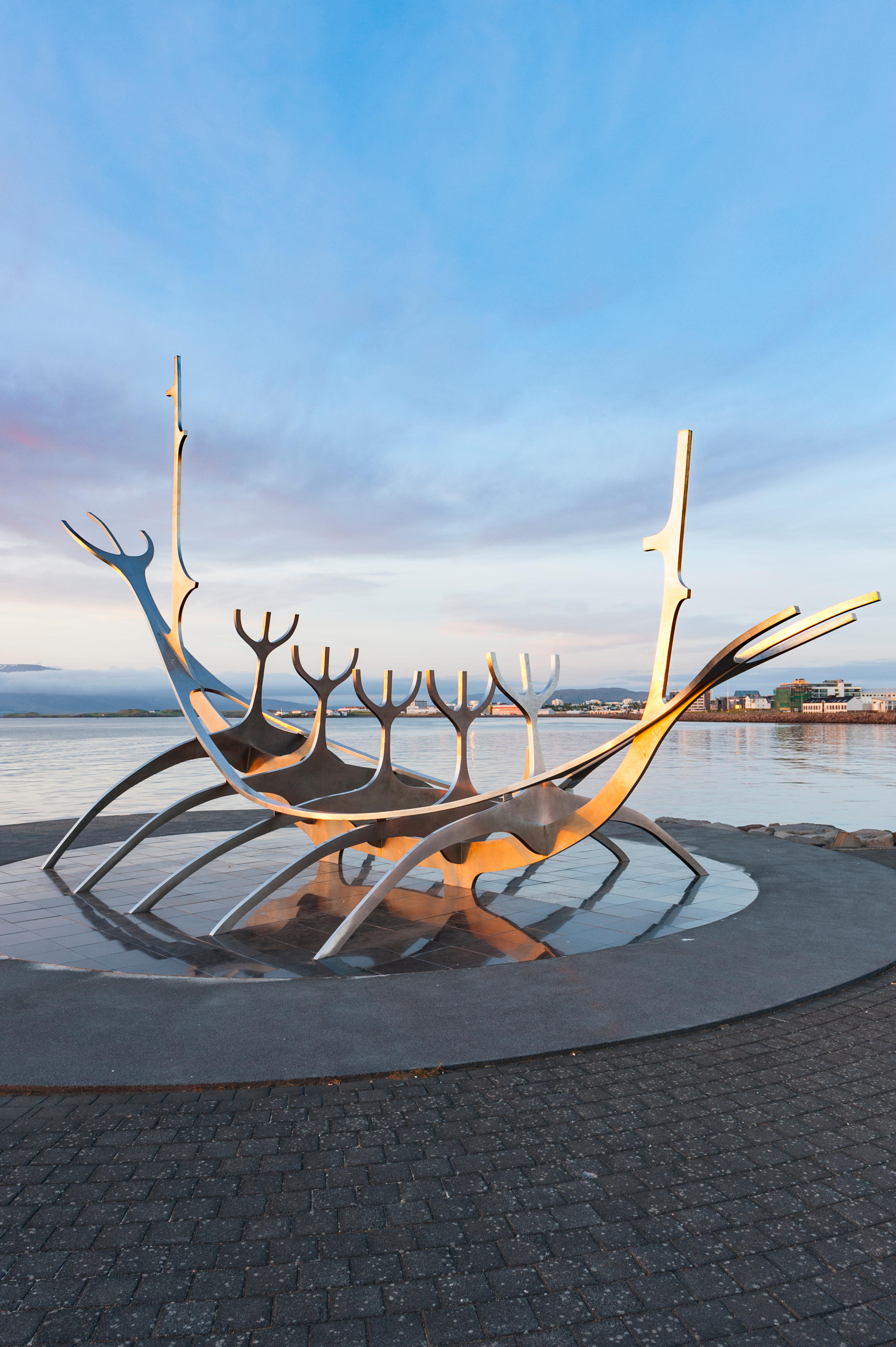 Sun Voyager (Solfar), a Viking ship metal sculpture by artist Jon Gunnar Arnason, at the shore of Reykjavik, Iceland, built as an ode to the sun.