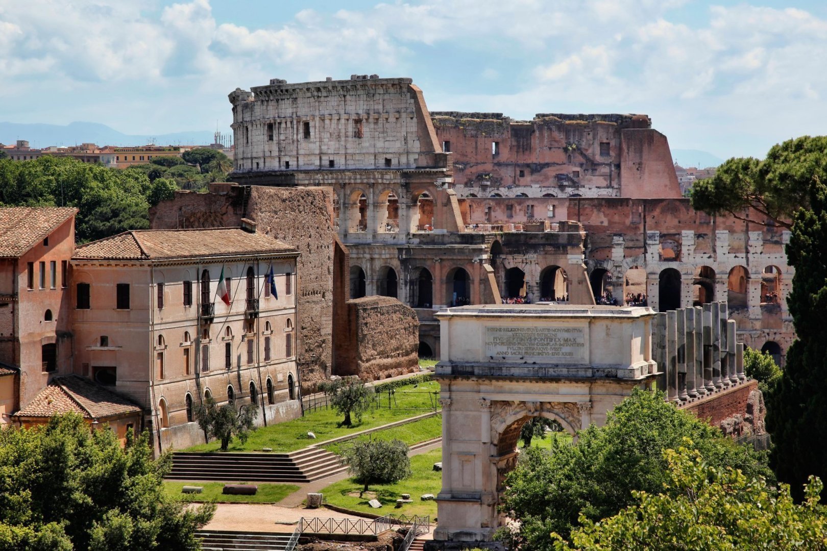 View of the colosseum in Rome from the Palatine Hill in the Forum
