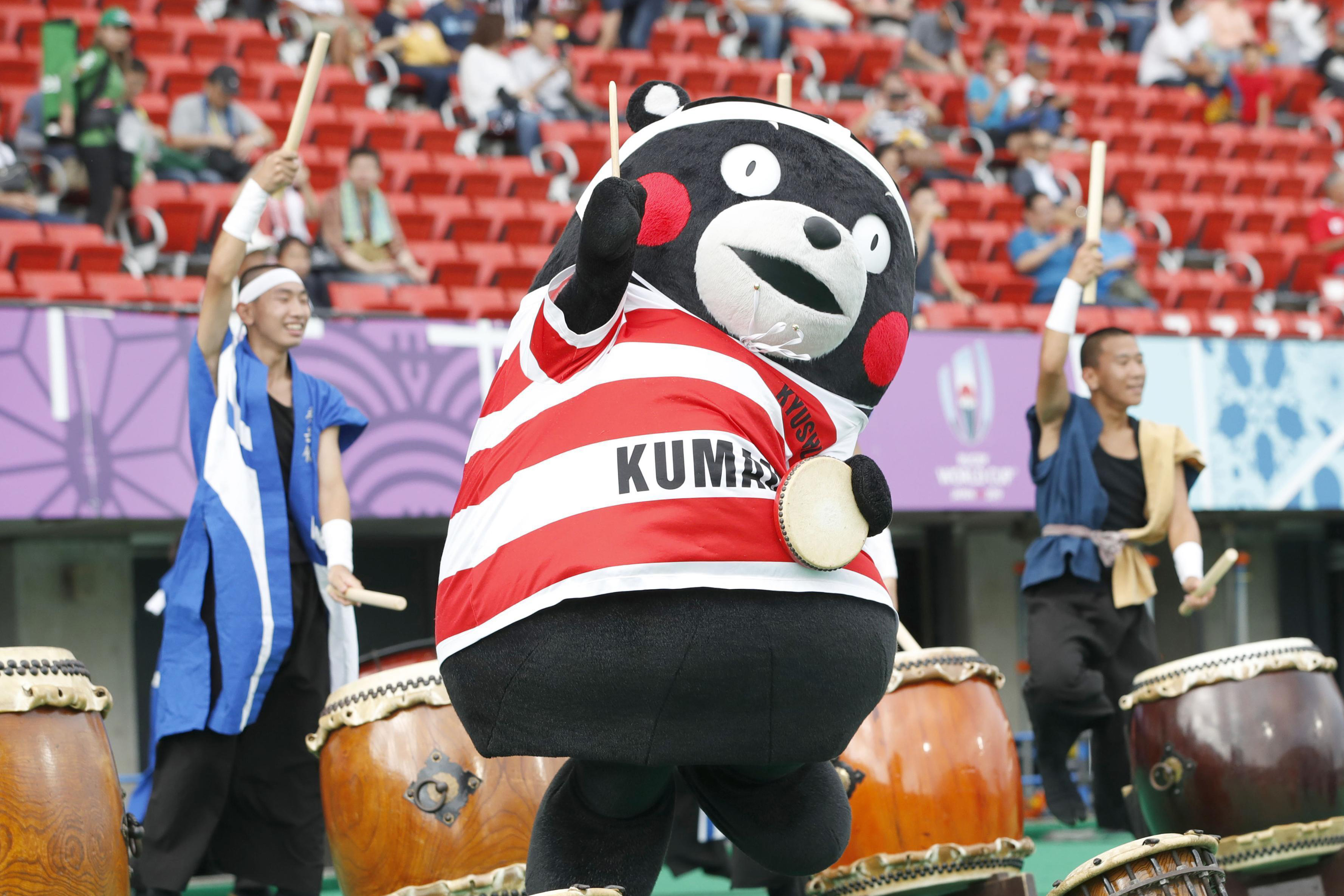 Kumamoto, Japan. 6th Oct, 2019. Kumamon, official mascot of the southwestern Japan prefecture of Kumamoto, performs ahead of a Rugby World Cup Pool C match between France and Tonga on Oct. 6, 2019, in the prefecture's Kumamoto city. (Kyodo)==Kyodo Photo v