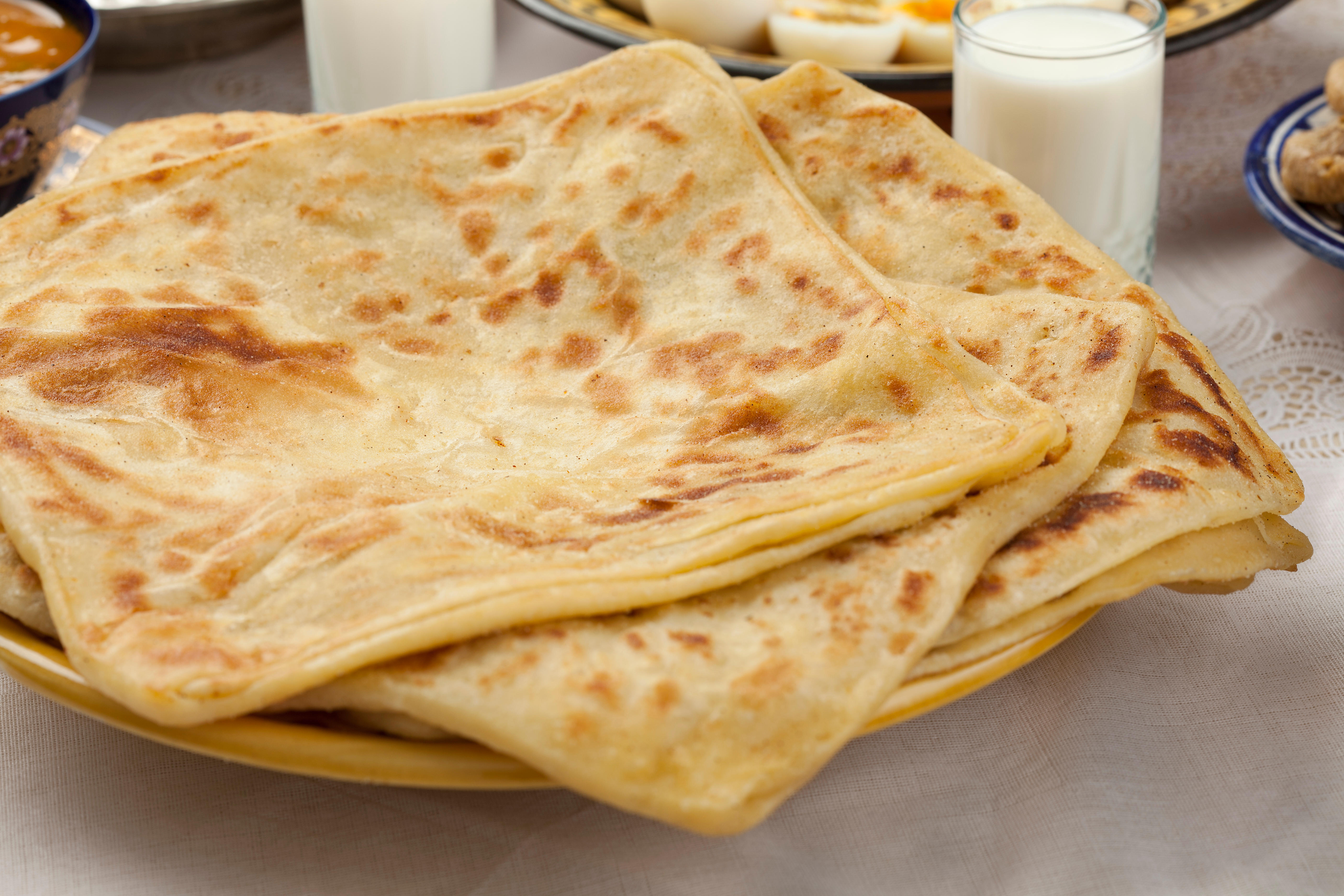 Traditional Moroccan msemen, square pancakes