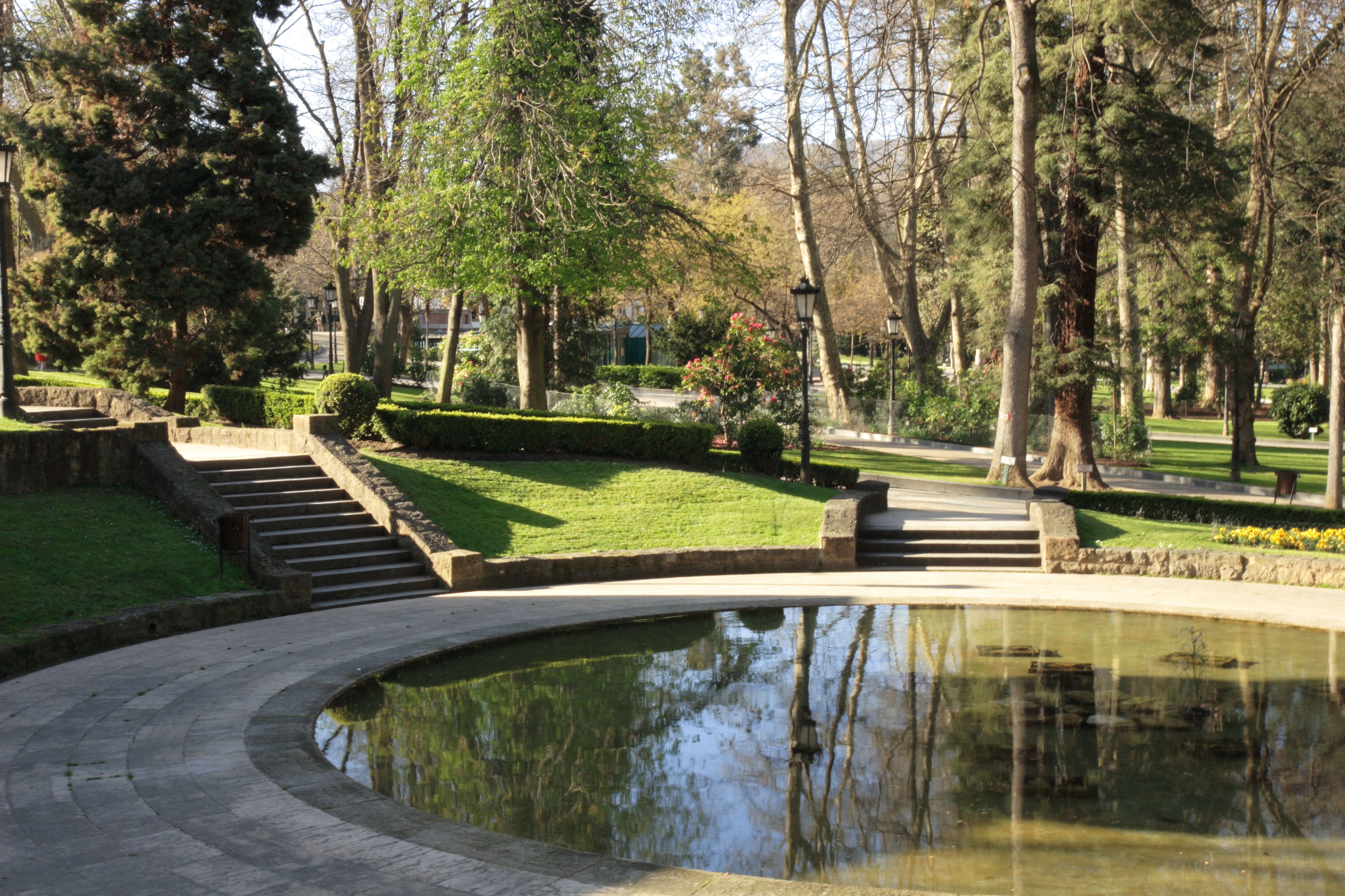View over a round pond in the San Francisco Park in Oviedo Spain. Image shot 11/2008. Exact date unknown.