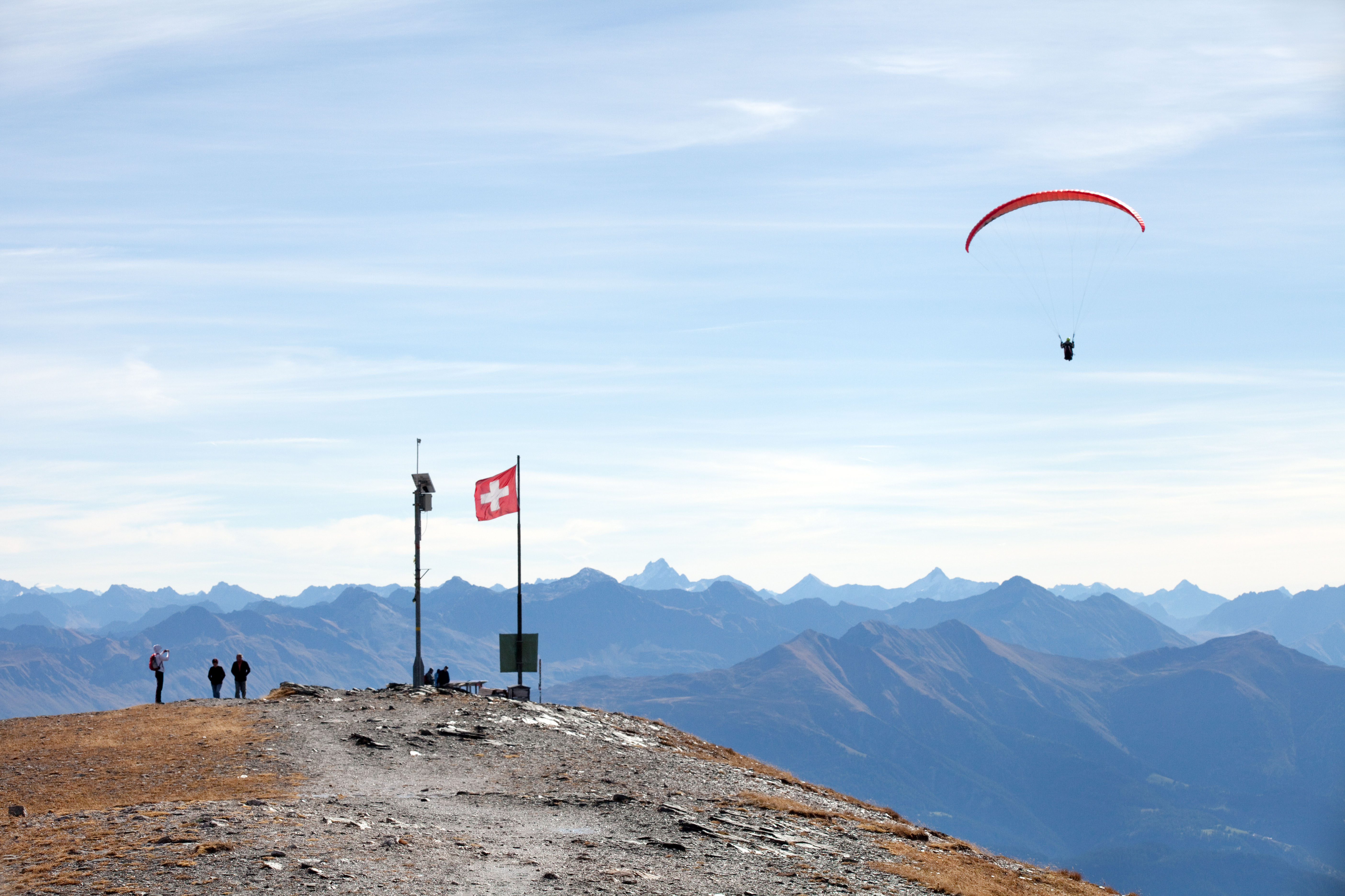Walking and paragliding, Swiss Alps at Flims, Graubunden, Switzerland Europe