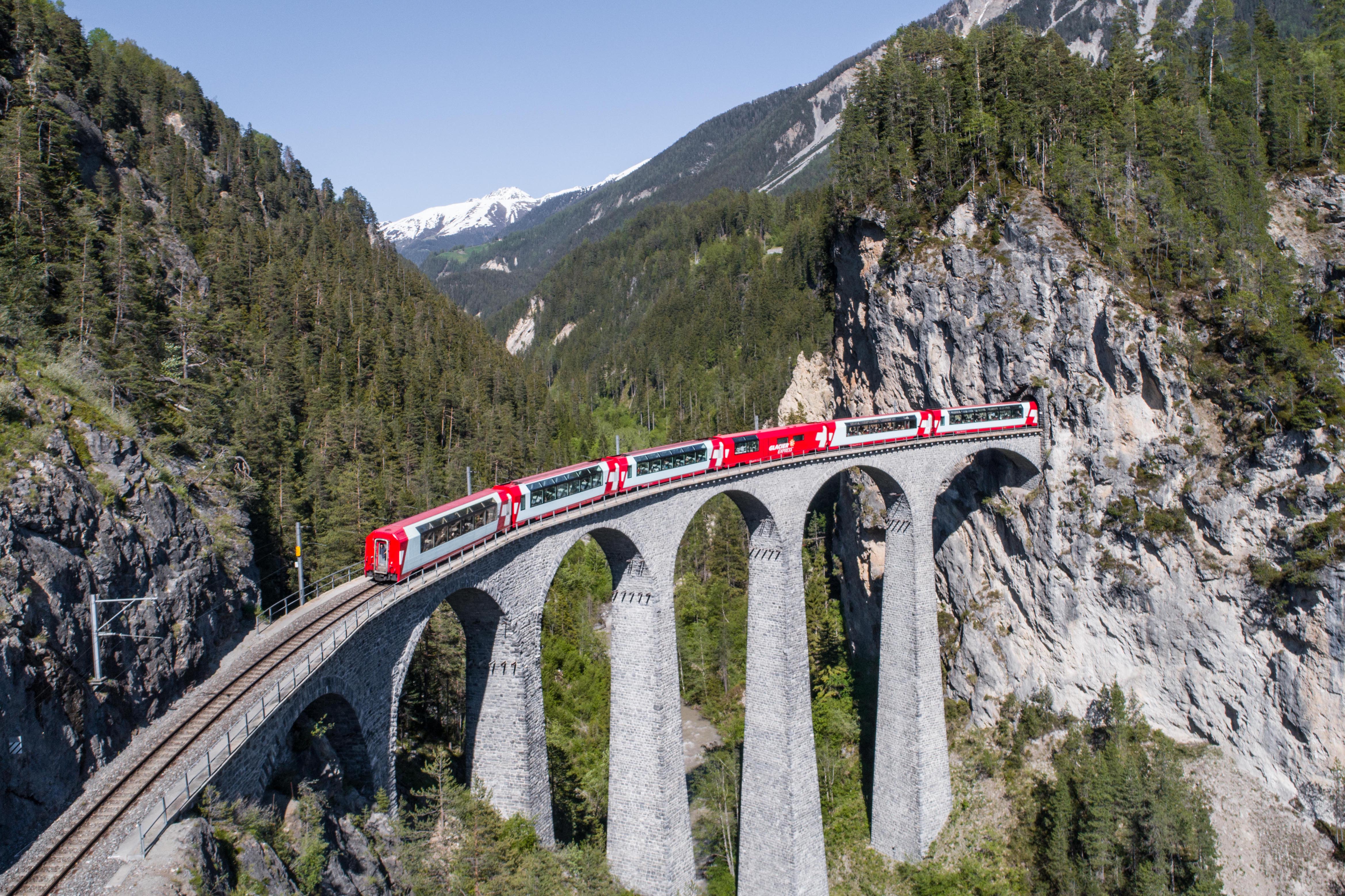 Landwasser viaduct, train of Rhaetian Railway. Filisur, Canton of Grisons, Switzerland.