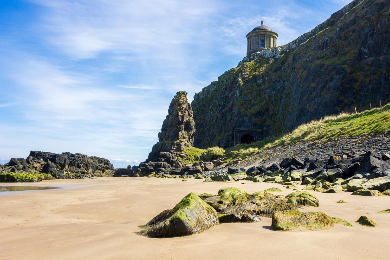 The iconic Mussenden Temple on top of the cliffs of Downhill Beach. Castlerock, Derry County, Northern Ireland