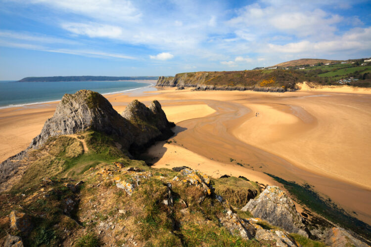 Three Cliffs Bay on the Gower Peninsular in South Wales captured from the cliffs to the East of the beach.