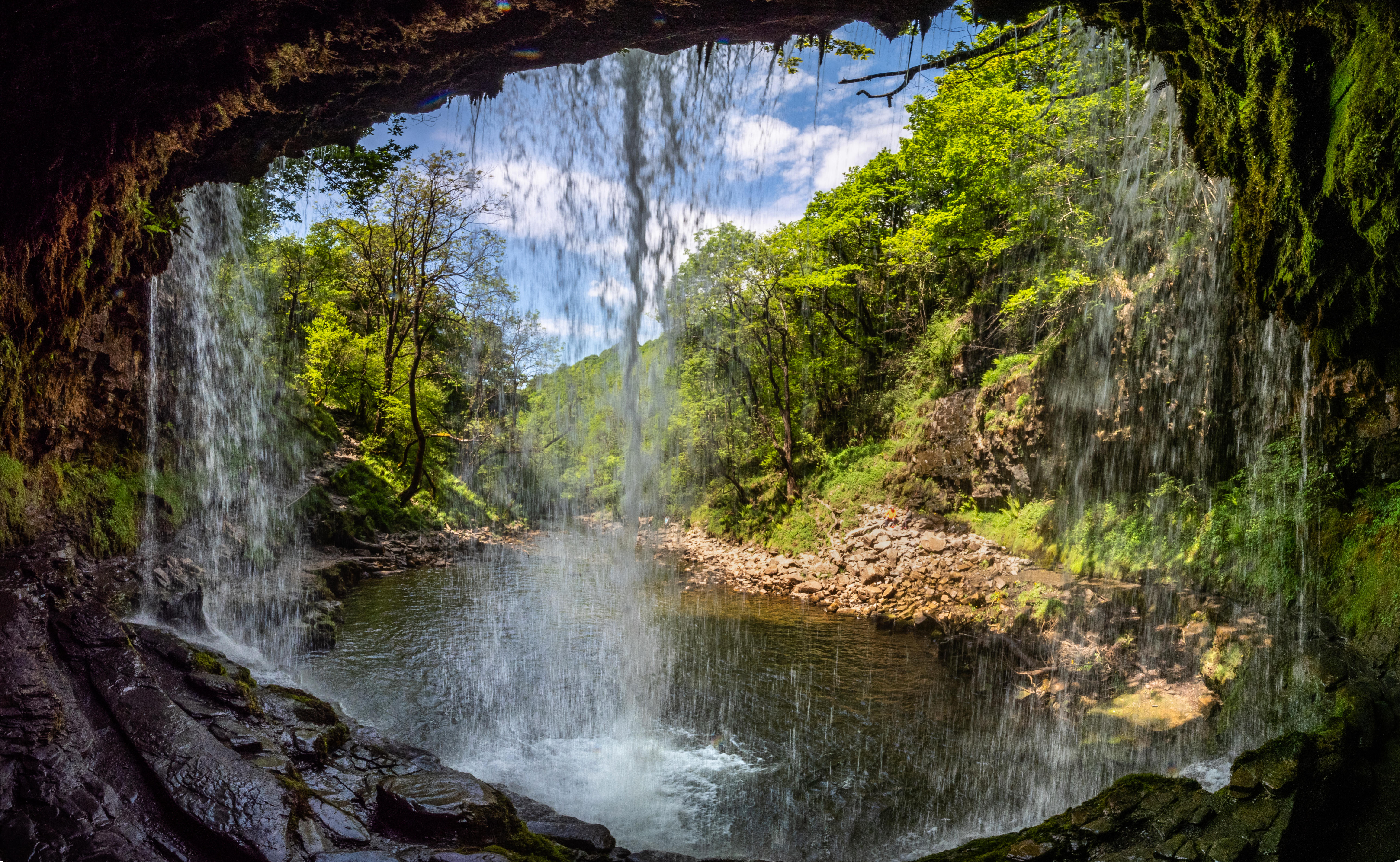 View from the path behind Sgwd Yr Eira Waterfall in the Brecon Beacons National Park South Wales